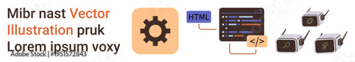 Web development, programming, internet of things, coding tools, connectivity, technology concepts. Gear icon with code window, HTML tags and IoT devices. Web development and coding tools concept
