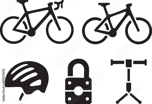 Set of silhouette icons representing cycling gear and transport, including bicycles, helmet, lo