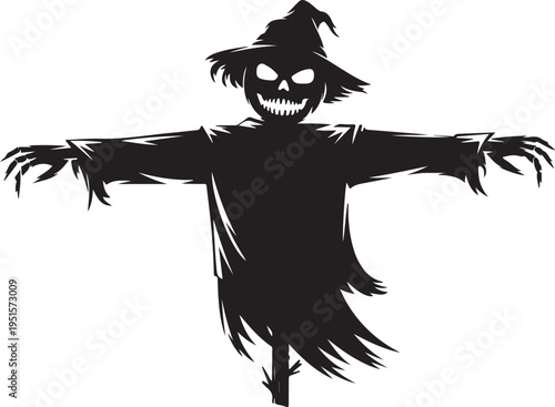 Black scarecrow with skull face and hat white background