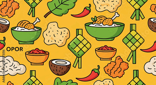Joyful Seamless Pattern Illustrating Traditional Indonesian Feast Elements such as Opor, Ketupat, and Spicy Condiments, Perfect for Cultural Events