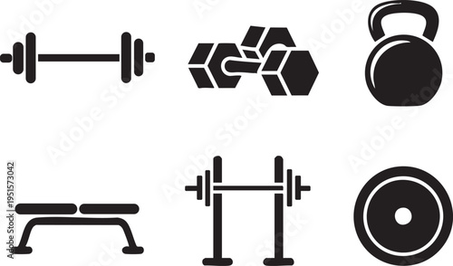 Set of six flat design gym equipment icons including barbell, dumbbells, kettlebell, bench and