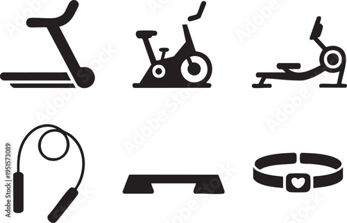 Set of six fitness equipment icons including treadmill, exercise bike, rowing machine, jump rop