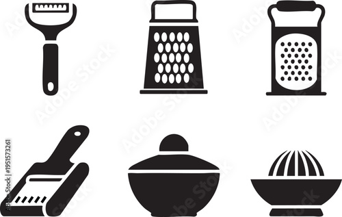 Set of six kitchen utensil silhouette icons for food preparation and cooking tasks