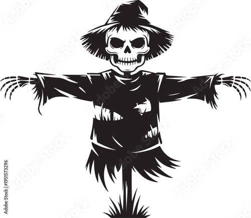 Black scarecrow with skull face and straw hat on white background
