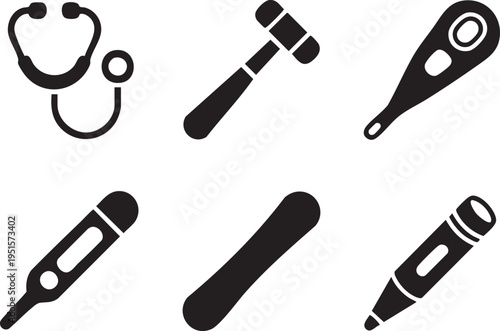 Set of six medical instrument icons including stethoscope and thermometers