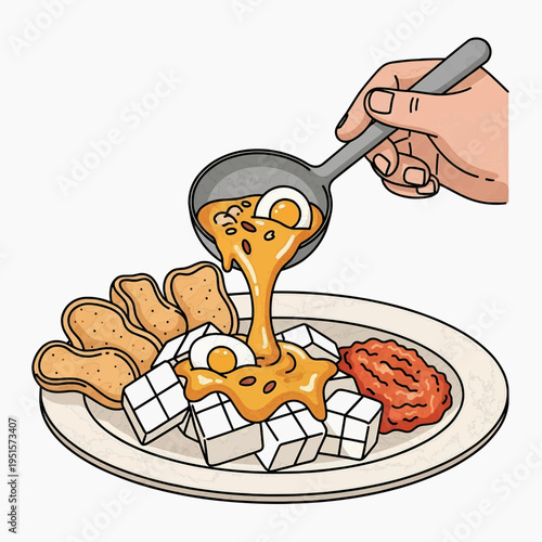 Delicious Southeast Asian Rice Cake Dish with Savory Sauce and Side Dishes