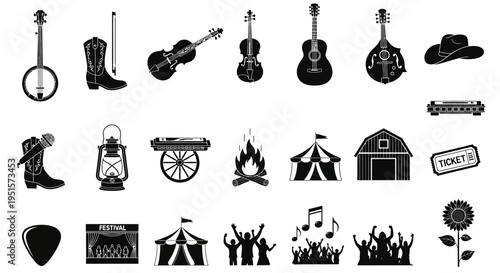 Detailed Outline Bluegrass Festival Icon Collection With Musical Instruments Country Culture And Live Performance Visual Elements