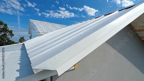 Modern white l roof of a contemporary building under a clear blue sky