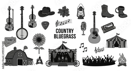 Retro Americana Bluegrass Music Icon Pack Featuring Classic Acoustic Instruments And Vintage Festival Performance Scenes Collection