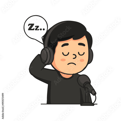 Sleepy Podcaster Cartoon Character with Headphones. Tired Podcast Host Yawning at Microphone. Cute Male Podcaster Feeling Sleepy in Studio.