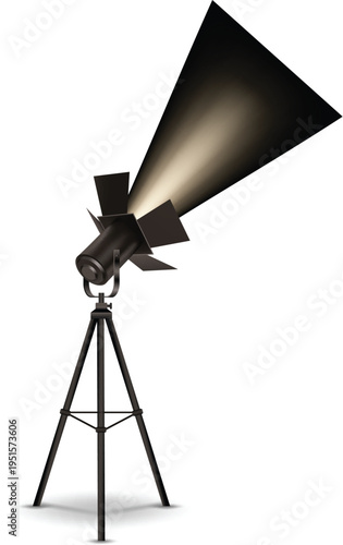 Professional studio spotlight on tripod with bright light beam vector