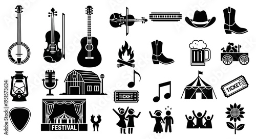 Colorful Bluegrass Festival Icon Set With Musical Instruments Stage Performance Elements And Outdoor Cultural Celebration Symbols
