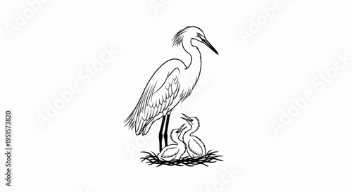 Artistic sketch of a bird family in a nest, mother watches chicks