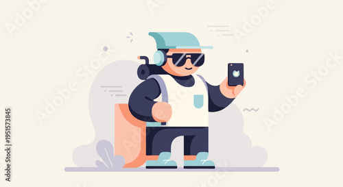 Modern adventurer with backpack, headphones, and sunglasses takes a selfie