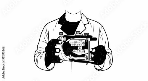 Medical professional in lab coat holds dental articulator with artificial teeth