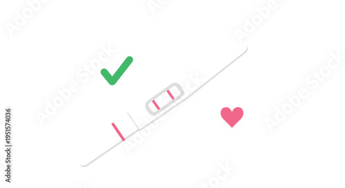 A white pregnancy test stick showing two pink lines for a positive result is diagonally positioned with a green checkmark and a pink heart icon on a pristine white background.