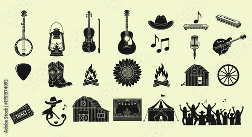 Flat Design Bluegrass Music Festival Icon Collection With Acoustic Instruments And Outdoor Cultural Event Visual Symbols