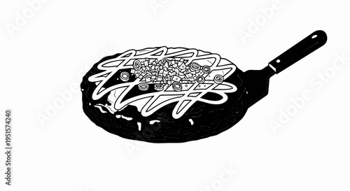 Black and white illustration of a savory pancake on a spatula