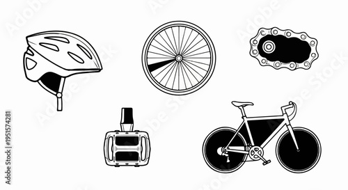 Black and white icons of bicycle parts and a whole bicycle
