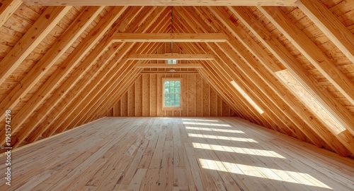 Open attic space in development with prominent wooden beam construction
