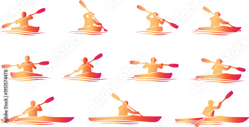 Collection of kayakers in various poses on water with colorful gradient effect