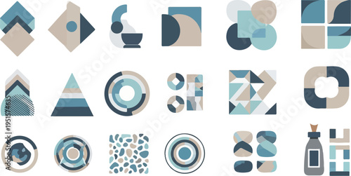 Collection of abstract geometric shapes and patterns in muted blues and beige