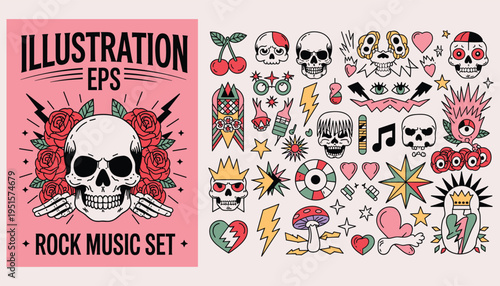 Colorful set of rock music and skulls guitar microphone