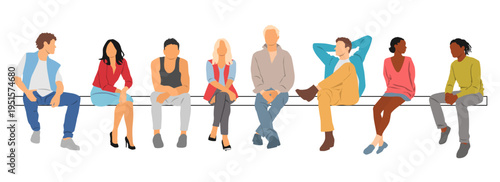 Vector illustration of young men, women and teenagers sitting on a bench, different colors, cartoon character, silhouettes of business people and students, flat icon design concept, isolated on white 