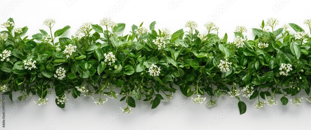 Naklejka premium Lush green Bacopa monnieri Brahmi plant with fine white flowers arranged on a white backdrop
