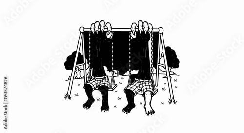 Creepy figures with claws and plaid shorts sit on swings in a park