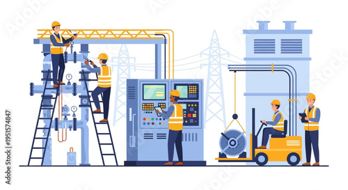 Industrial Maintenance Team at Work: Engineers and Technicians Operating and Repairing Machinery in a Factory or Power Plant. Production, Safety & Efficiency.
