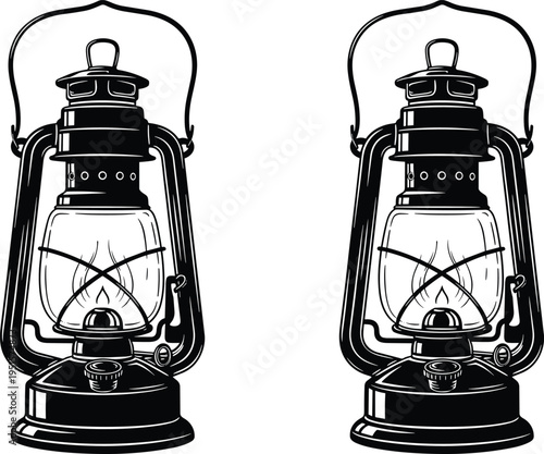 vintage, lantern, oil lamp, silhouette, black and white, retro, antique, lighting, camping, classic, kerosene, illustration, isolated, vector, design, old, rustic, emergency, light, object