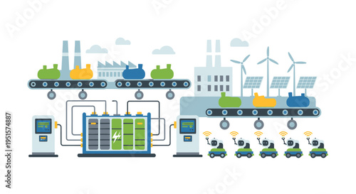 Smart Factory with Green Energy and Robotics: Automated Production, Renewable Power, Battery Storage, and Autonomous Logistics