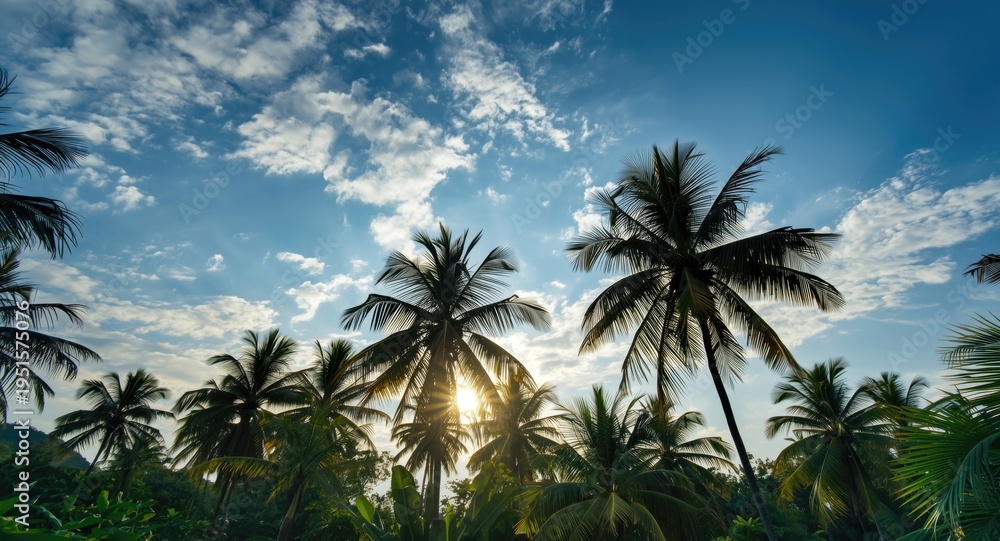 Obraz premium Scenic tropical nature view of palm trees bathed in sunlight with a background of blue sky and scattered clouds