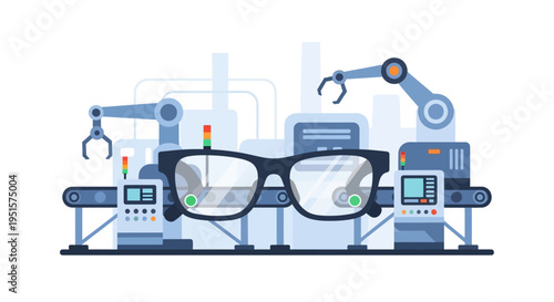 Automated Eyeglasses Manufacturing: Robotic Production Line with Quality Control for Optical Lenses. Modern Eyewear Factory for Smart Glasses.