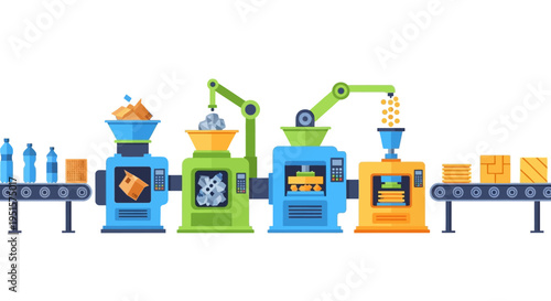 Automated Recycling & Manufacturing Process Illustration. Industrial Production Line for Waste Management & Circular Economy