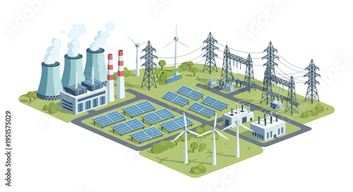 Isometric Energy Landscape: Power Plant, Solar Panels, Wind Turbines & Electrical Grid