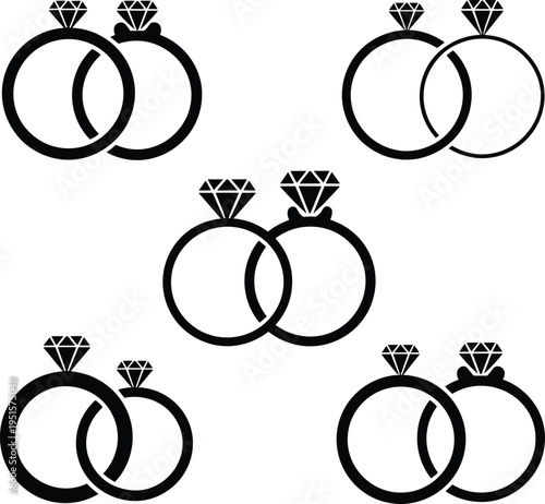 wedding rings silhouette set, diamond engagement ring icons, love marriage symbol, black minimal jewelry design, romantic couple concept, isolated vector clipart