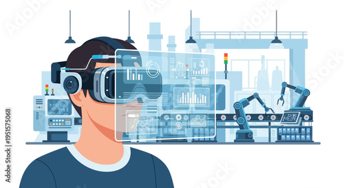 Worker using VR headset to control and monitor smart factory operations with augmented reality data interface, showcasing Industry 4.0 and digital manufacturing.