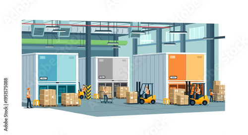 Efficient Warehouse and Logistics Center with Workers, Forklifts, and Pallets for Inventory Management and Shipping