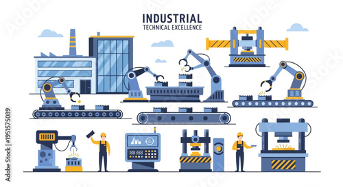 Industrial Automation & Manufacturing: Factory Production, Robotic Arms, Assembly Lines, Heavy Machinery, & Engineers. Modern Technical Excellence Vector.