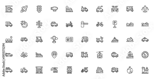 Transportation icon set. Vector travel symbols collection. Includes gas station, rocket, train, airplane, car, bicycle, boat and more. Editable thin line icons.