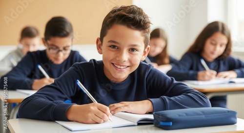 A young boy smiling while writing on paper in a classroom setting with classmates