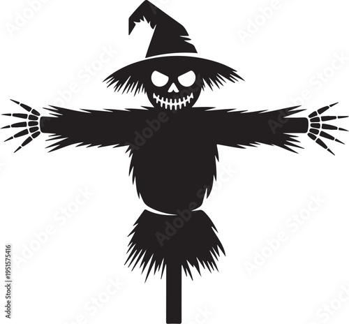 Black scarecrow with skull face and witch hat skeleton
