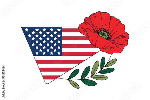 Red poppy flower with green stem against american flag background