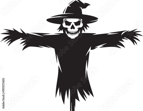 Black scarecrow with skull face and witch hat skeleton