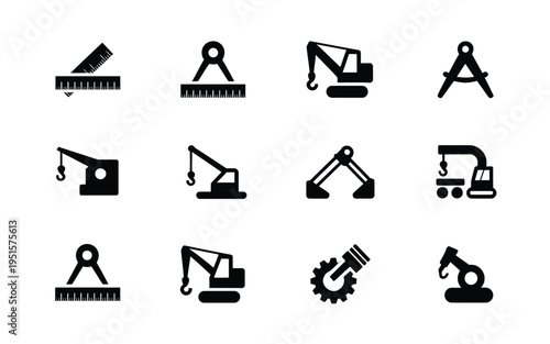 Collection of heavy machinery and construction tools icons in black silhouette on white background for industrial design and engineering projects