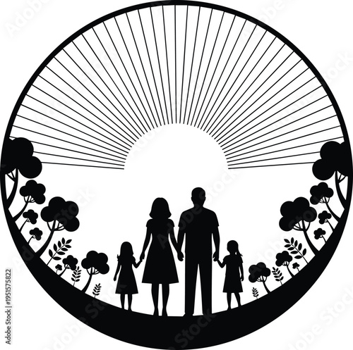 Happy family with children holding hands walking in nature park at sunset, black silhouette vector illustration in a circular frame, isolated white background