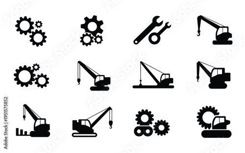 Construction equipment icons set including excavators cranes gears and tools on white background for industrial and engineering concepts