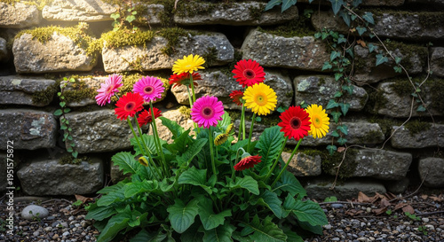 Colorful gerbera daisies blooming against a stone wall background  